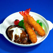 Hamburger Patty in Demi-Glace Sauce with Deep Fried Shrimp Replica - Fake Food Japan