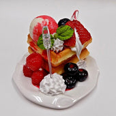 Waffles Topped with Berries, Ice Cream & Whipped Cream Small Size Replica - Fake Food Japan